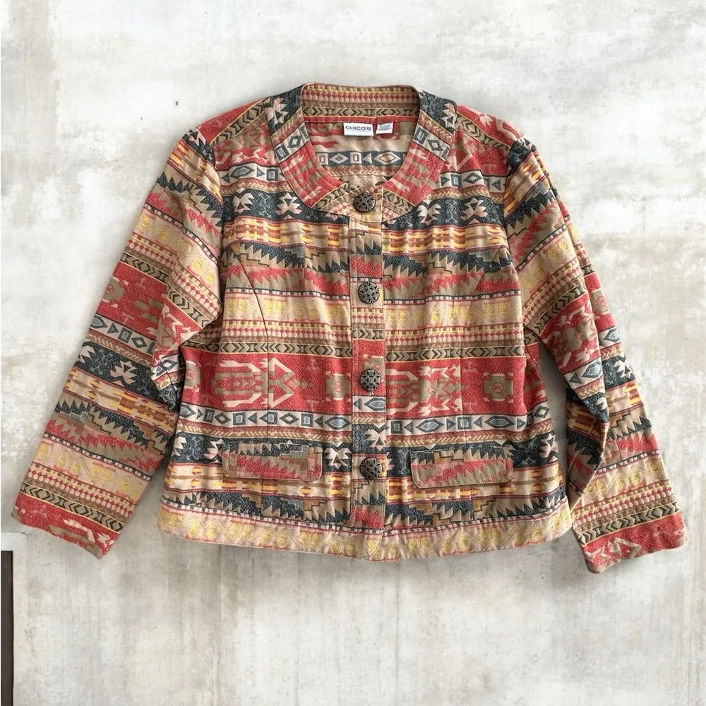 Chico's Southwestern Aztec Tribal Design Geometric Jacket Size 2 Large